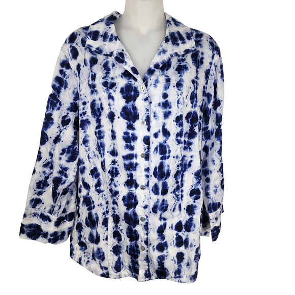 Chico's Shirt Size Large Womens Blue Button Up Tie Dye 3/4 Sleeve Office Career - Picture 1 of 9